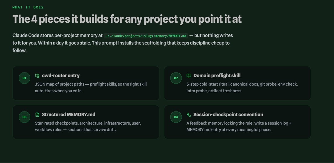 TradesJuic73188's tweet photo. Claude hits week 2 and your MEMORY.md is straight up lying to you about what you're even building anymore. That shit goes stale faster than bread. 

I cooked a single-purpose prompt recipe that forces it to wire real scaffolding for any project: cwd-router, 5-step domain preflight, structured MEMORY.md with star-rated checkpoints, and session rules that actually write themselves so future runs don't start from fantasy land.

Completely free, pure markdown file. Paste it into Claude Code and it builds the whole pattern for you.

https://t.co/poeCGB7GT7

Stop letting your AI gaslight you. Grab it.