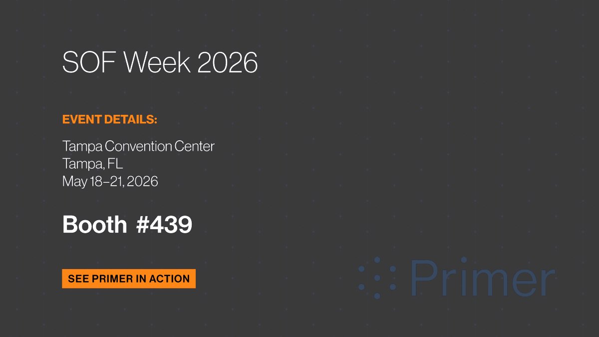 primer_ai's tweet photo. Find Primer at Booth 439 this SOF Week!

Come discover how Primer AI helps mission teams discover, analyze, and act on insight faster. 

Packed #SOFWeek2026 itinerary? You can schedule with us at a time that works best for you: 🔗 https://t.co/UzLI2sMwq3 https://t.co/HagdXrIoM1