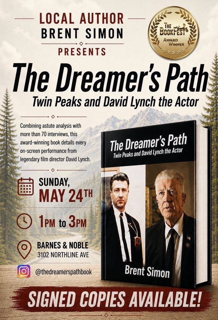SharedDarkness's tweet photo. 🚨 Attention David Lynch fans in North Carolina! 🚨 I’m excited to announce I’ll be appearing in person in my hometown of Greensboro, on Sunday, May 24, at Barnes &amp; Noble. Stop by to chat about my book THE DREAMER’S PATH, which unpacks all his on-screen performances. #DavidLynch https://t.co/X6FL1grMNO