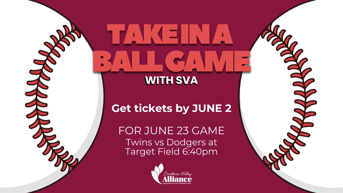 SVA_MN's tweet photo. Let's go out to a ball game! Join SVA at Target Field on June 23 when the Twins take on the LA Dodgers! Funds raised will go back to Southern Valley Alliance and our programs 𝐆𝐞𝐭 𝐲𝐨𝐮𝐫 𝐭𝐢𝐜𝐤𝐞𝐭𝐬 𝐛𝐲 𝑱𝑼𝑵𝑬 2!  https://t.co/n1UISQo5du https://t.co/IEIOSNo6y0