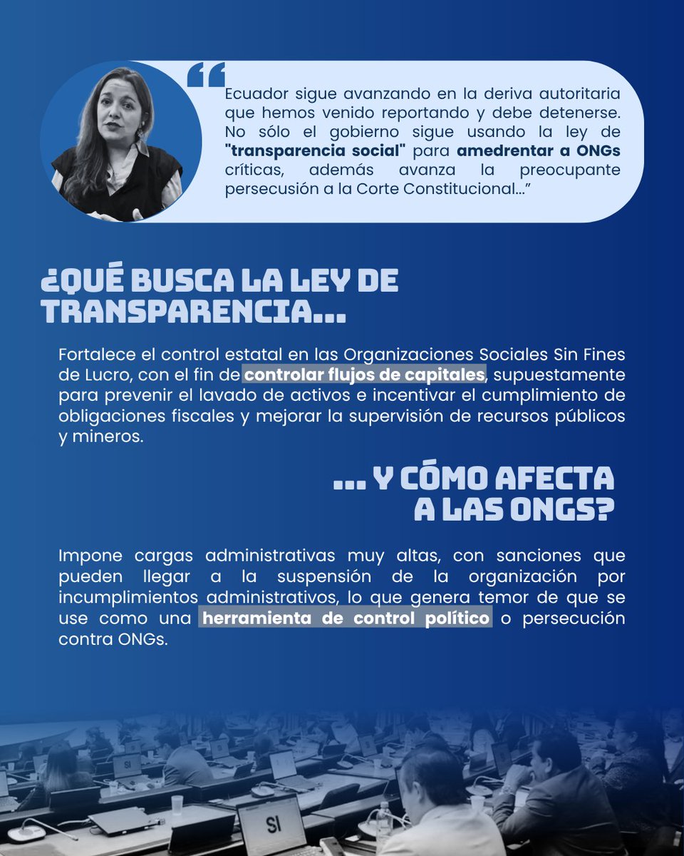 Cedhu's tweet photo. @Ginitastar Relatora de la ONU sobre Derechos a la Libertad de Reunión Pacífica y de Asociación, advierte graves retrocesos en derechos humanos en Ecuador.

Ecuador atraviesa un deterioro del espacio cívico marcado por leyes regresivas, ataques a la @CorteConstEcu  y el uso de mecanismos como la Ley de Transparencia Social para controlar a organizaciones y congelar cuentas sin orden judicial. Relatorías de la @ONU_es alertan que estas acciones limitan la protesta, la organización y la participación ciudadana, profundizando un escenario de regresión democrática.

Desde la denunciamos un patrón de criminalización y hostigamiento contra personas defensoras de derechos humanos. Expresamos nuestra solidaridad y exigimos al Estado garantizar la libertad de expresión, asociación y reunión y defensa de derechos.

#DefendemosDerechos