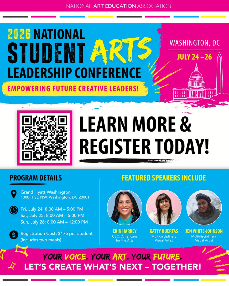 NAEA's tweet photo. NAEA invites current and rising high school students from across the country to the 2026 National Student Arts Leadership Conference: Empowering Future Creative Leaders! This event will take place July 24–26, 2026, in Washington, DC.  

Learn More:🔗https://t.co/ZnbA0pRoU4 https://t.co/RPTZnwF42j