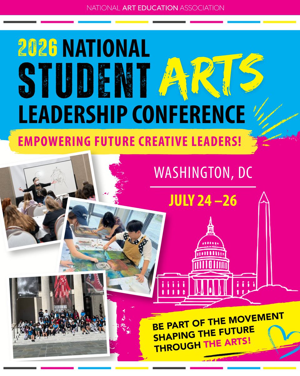 NAEA's tweet photo. NAEA invites current and rising high school students from across the country to the 2026 National Student Arts Leadership Conference: Empowering Future Creative Leaders! This event will take place July 24–26, 2026, in Washington, DC.  

Learn More:🔗https://t.co/ZnbA0pRoU4 https://t.co/RPTZnwF42j