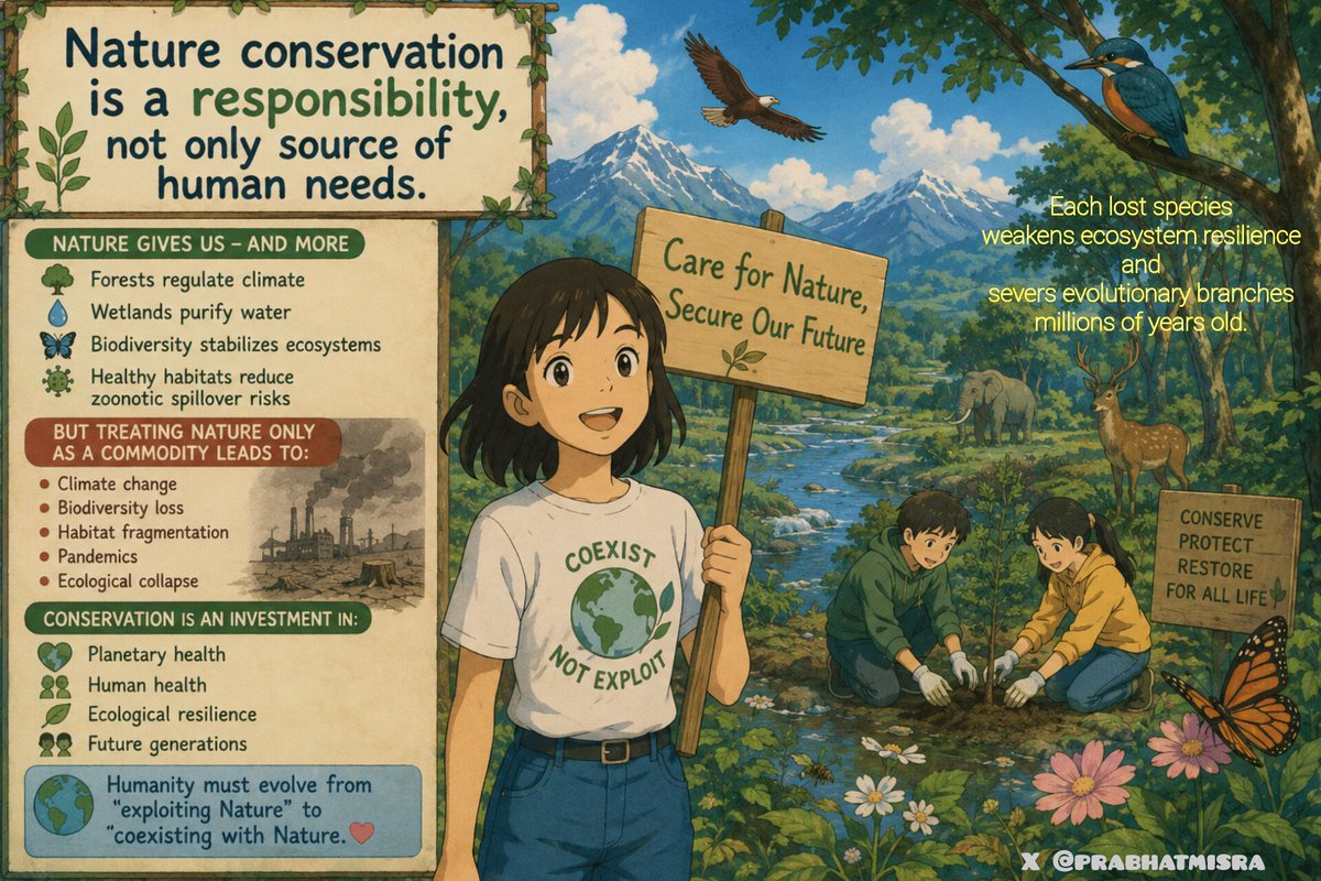 prabhatmisra's tweet photo. 🌍 Nature conservation is not merely a source of human survival and resources — it is a scientific, ecological, and moral responsibility.

🌱 Forests regulate climate.
💧 Wetlands purify water.
🦋 Biodiversity stabilizes ecosystems.
🦠 Healthy habitats reduce zoonotic spillover risks.

⚠️ Treating Nature only as a commodity accelerates:
• Climate change
• Biodiversity loss
• Habitat fragmentation
• Pandemics
• Ecological collapse

🚨 Each lost species weakens ecosystem resilience and severs evolutionary branches millions of years old.

✅ Conservation is an investment in:
• Planetary health
• Human health
• Ecological resilience
• Future generations

🌏 Humanity must evolve from “exploiting Nature” to “coexisting with Nature.”

#OneHealth #ClimateAction #Biodiversity #pandemics #ebola #Hantavirus #NatureConservation

@doctorsoumya @PeterDaszak @PeterHotez @BenjaminMateus7 @lovemoz1 @GeoffreyLean @climate @1989_mariab