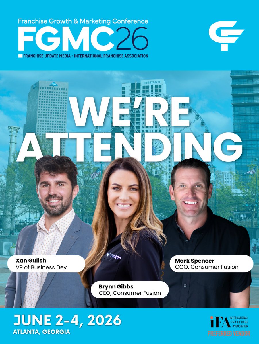 ConsumerFusion's tweet photo. We’re headed to FGMC in Atlanta 🚀

Excited to connect with franchise growth &amp; marketing leaders and talk all things AI visibility, reputation, and local search.

Come say hi 👋

#FGMC #Franchising https://t.co/c08YDhSAaO