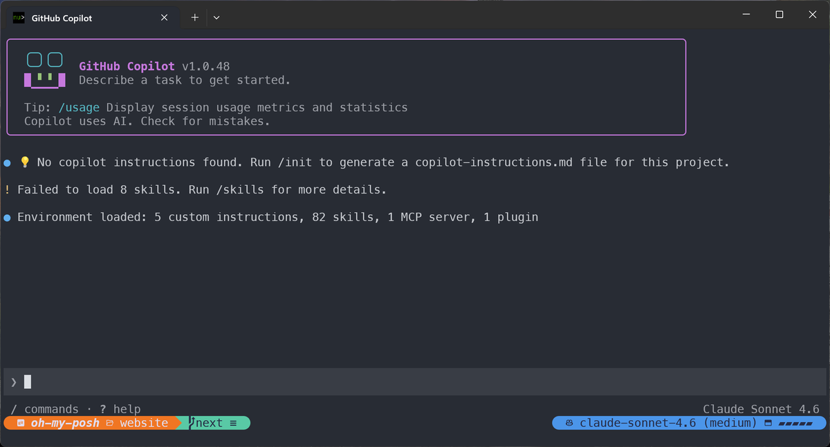 GitHub Copilot CLI prompt customized with an Oh My Posh segment showing model, remote state, token gauges, and session details