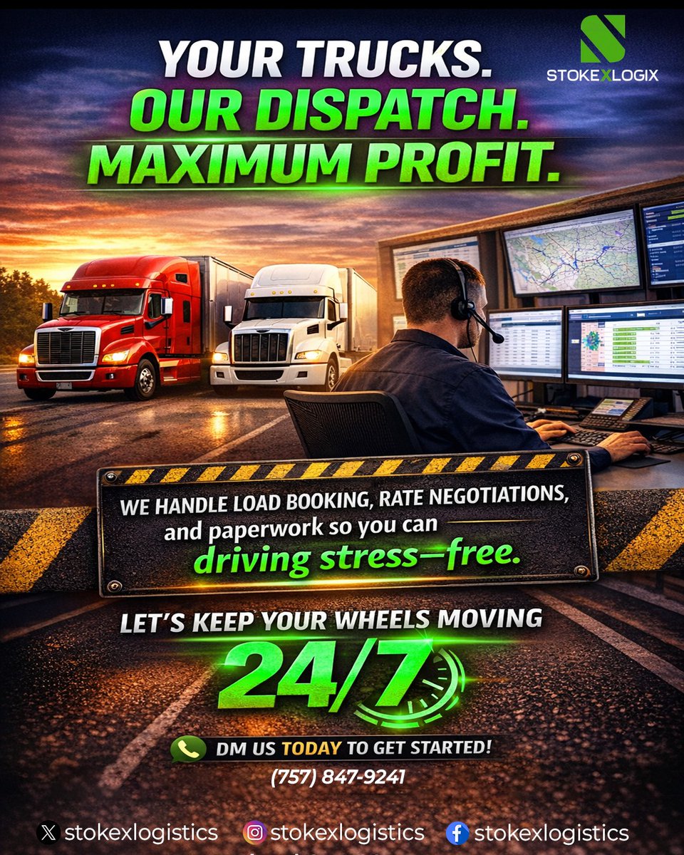 stokexlogix's tweet photo. 📷 Your Trucks. Our Dispatch. Maximum Profit.
We handle load booking, negotiations, and paperwork so you can focus on driving stress-free.

📷 Let’s keep your wheels moving 24/7.

#TruckDispatch #DispatchServices #OwnerOperator #LogisticsSupport #TruckingBusiness #USAtrucks https://t.co/NeJ7JJNIjJ