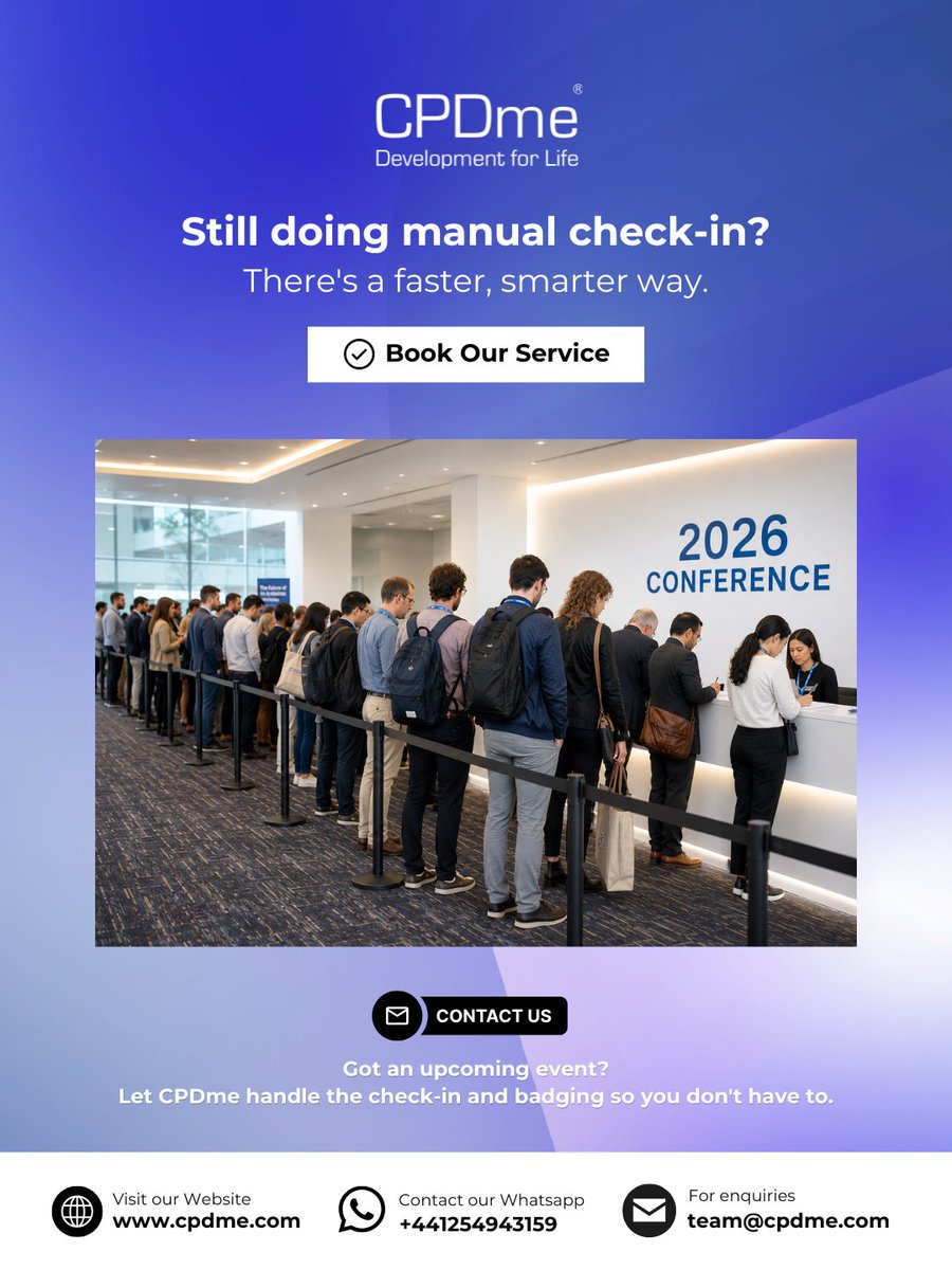 cpdme's tweet photo. A long queue at check-in is the worst first impression you can give ๐ฌ
CPDme replaces the chaos with fast, tech-driven check-in that your attendees will actually appreciate.
๐ Make the switch:
๐ https://t.co/5lInBWCnUa
#CPDme #EventCheckIn #EventTech #BadgingService #CPDevent https://t.co/c5q7oyQN7t