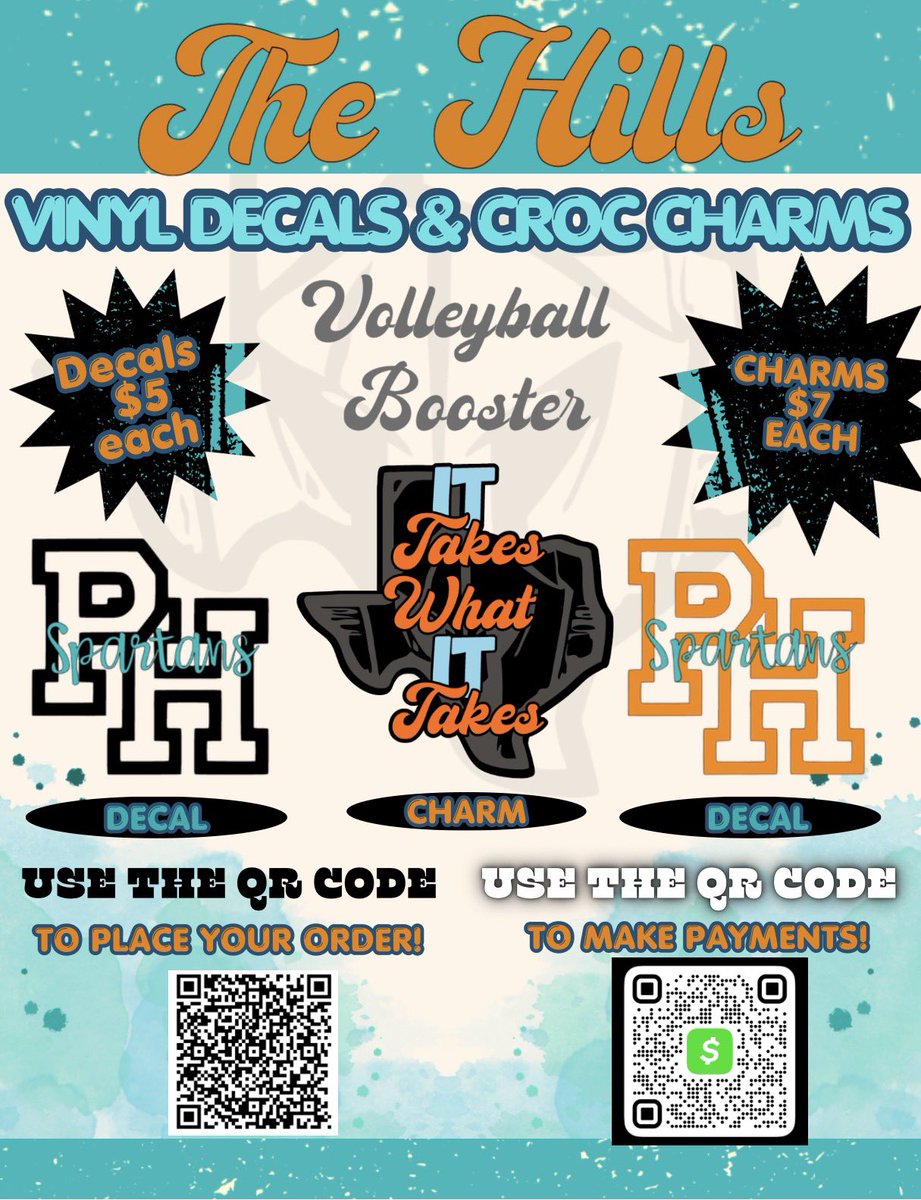 PHHS_VB's tweet photo. 🗣️SPARTA❗️

Our BOOSTER is selling :

🖤Car Vinyl Decals ($5each) 

AND

🧡Croc Charms ($7each)

🖤Please us the QR code to place orders and make payment 💵

THANK YOU FOR SUPPORTING 🧡🩵 https://t.co/0UqtS8E0k8