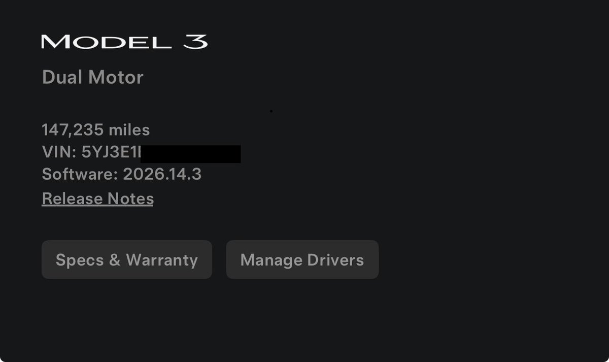 GoshDarbIt's tweet photo. 147,235 miles on my 2018 Tesla Model 3 LR AWD #tesla #model3 https://t.co/tOC3LxjsKa