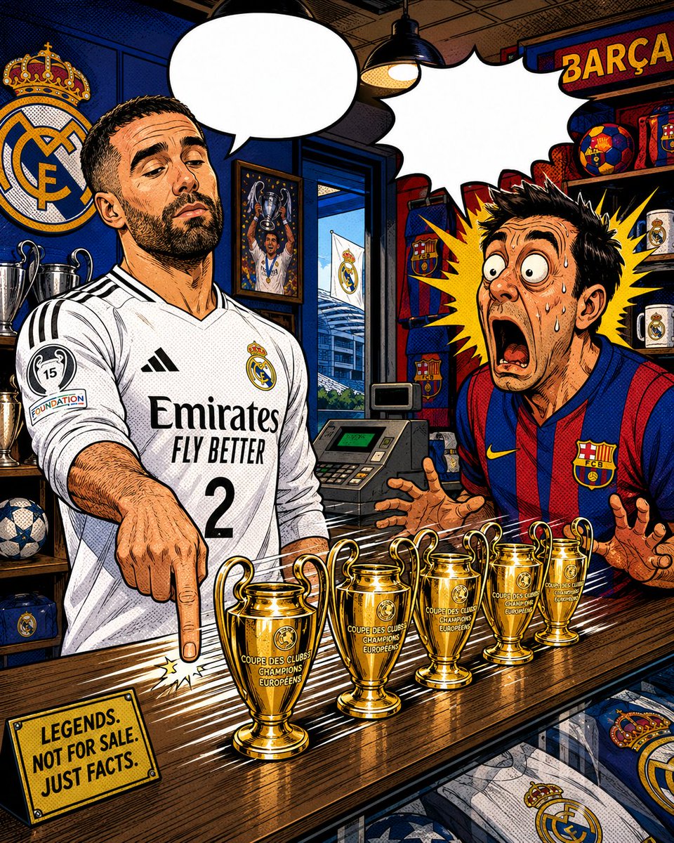 kimoallos's tweet photo. Carvajal didn’t walk into the debate… he just placed the receipts on the counter.🏆😮‍💨

One player. Six Champions League titles.
Some comparisons don’t need words.

#DaniCarvajal
#RealMadrid
#HalaMadrid
#UCL
#ChampionsLeague
#FCBarcelona
#ElClasico
#FootballTwitter
#FootballMeme https://t.co/ofoU6CYh13