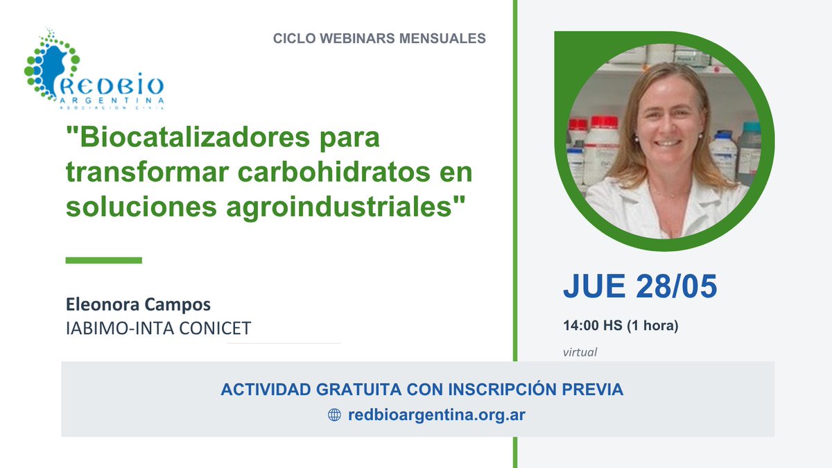 REDBIOArgentina's tweet photo. Eleonora Campos hablará de “Biocatalizadores para transformar carbohidratos en soluciones agroindustriales“. 28/5 · 14:00 h (hora Argentina) Modalidad: Virtual. Actividad gratuita.
Inscripción: https://t.co/nSoPKkGMXi https://t.co/n67Ro2D9FQ