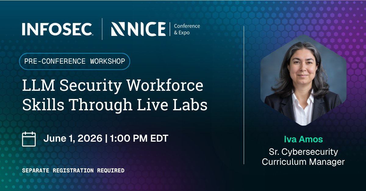 InfosecEdu's tweet photo. Heading to the NICE Conference &amp; Expo 2026? 🔐🤖

Register for Iva Amos’s hands-on workshop focusing on securing AI; aligned to the NICE Framework’s AI Security competency (NF-COM-002). 

Link to workshop: https://t.co/DUefd3b7av 
#NICEConference #NICE2026 #InfosecInstitute #AI https://t.co/GozMTaeIO8