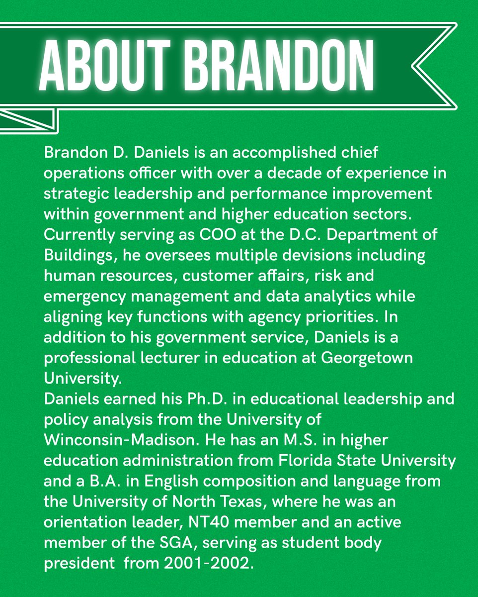 UNTAlumniAssoc's tweet photo. ✨ UNT Alumni Spotlight: Brandon D. Daniels

➡️ Brandon is an accomplished chief operations officer with over a decade of experience in strategic leadership and performance improvement. 

✨ Know someone whose journey deserves the spotlight — send us a message!

#UNTAlumni https://t.co/zPCxmxVYWC