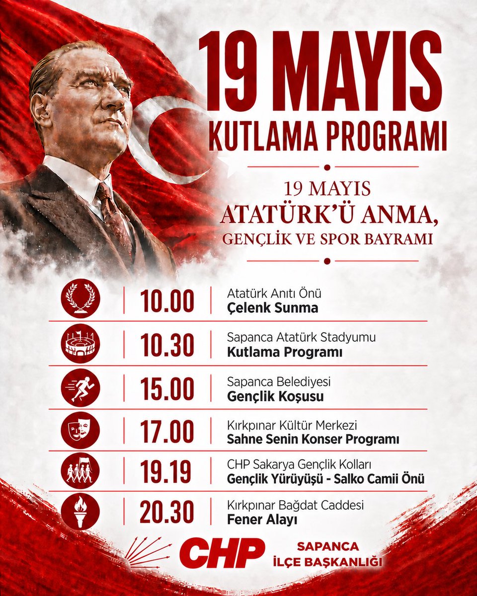 ozgursapanca's tweet photo. 19 Mayıs Atatürk’ü Anma, Gençlik Ve Spor Bayramı kapsamında yapılacak kutlama programları bu şekildedir. Büyük bir coşkuyla bayramımızı kutlamaya tüm vatandaşlarımız davetlidir. 🇹🇷
@lrerdogan https://t.co/386DXeFEq2