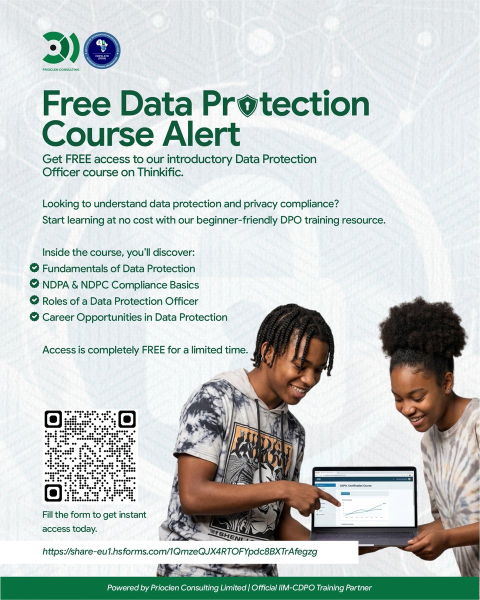 prioclen's tweet photo. Interested in Data Protection &amp; Privacy Compliance?
Get FREE access to our introductory Data Protection Officer course on Thinkific.
📲 Scan the QR code or use the link below to get started today.
https://t.co/ZlafPZrgOP
#DataProtection #DPO #NDPC #PrivacyCompliance #TechCareers https://t.co/NMCMdQDeHV