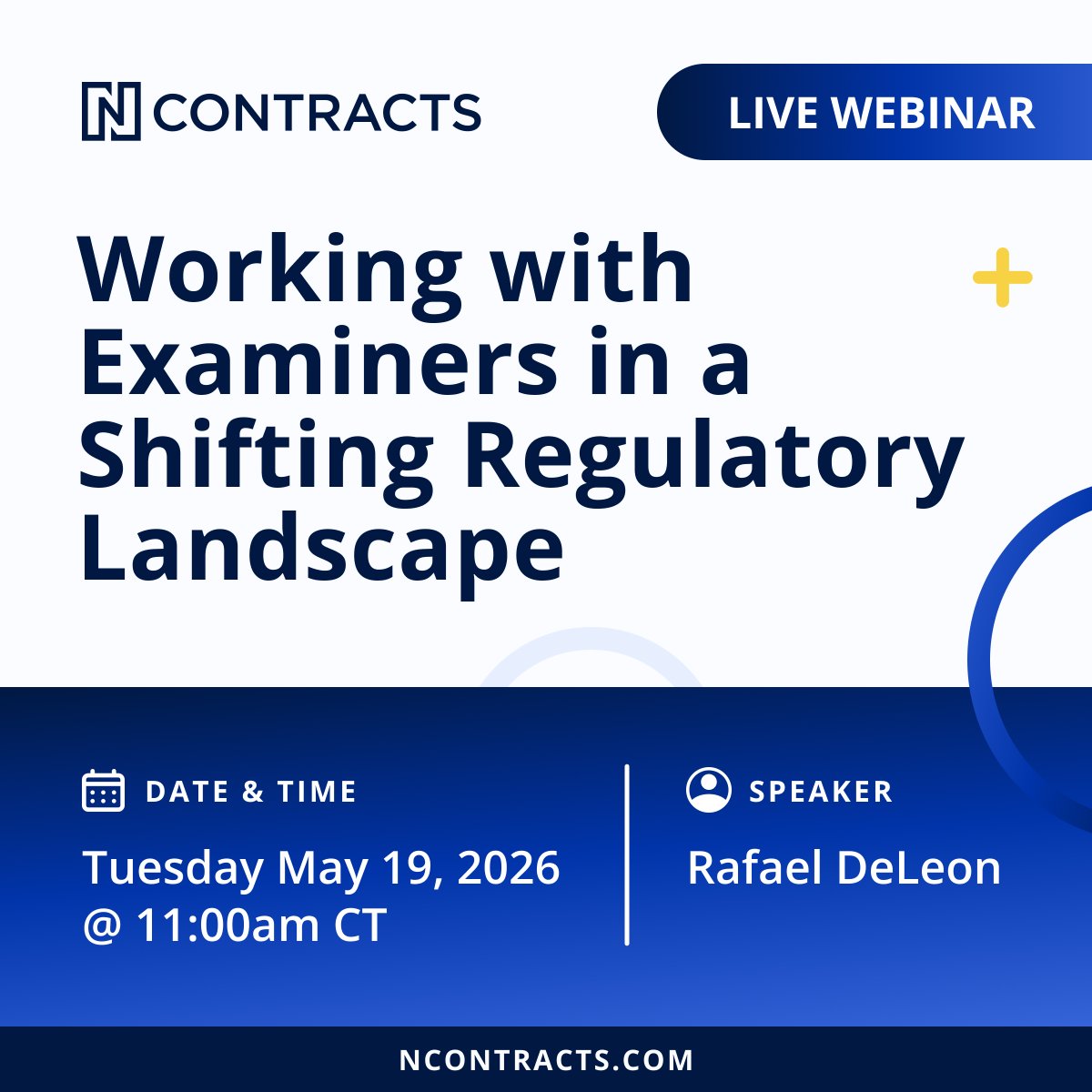 Ncontracts's tweet photo. Rafael DeLeon is doing a live webinar Tuesday on working with examiners in this regulatory environment.
You should be there. https://t.co/wAICLVFjo2 https://t.co/wpaPRnds7q