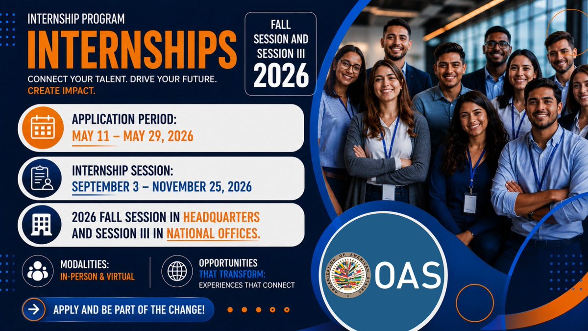 OAS_official's tweet photo. 🎓 Are you a student, a recent graduate, or a young professional? 
🌍 Apply to the #OASInternship Program (in-person or virtual) in Washington DC and Member States Offices. 
👉 https://t.co/7n3d52h1Wf 
🗓️ Deadline: May 29, 2026 https://t.co/ODSvyTf6ZV