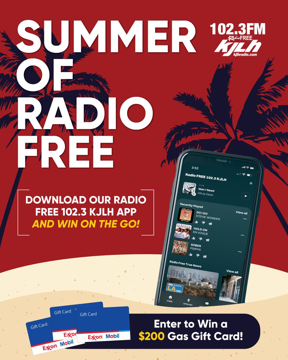 RadioFreeKJLH's tweet photo. ☀️ Summer of Radio Free is here! We’re giving listeners a chance to win all summer long just for tapping in 📲 Download the KJLH App for your shot at prizes every week!

May 18th – May 24th We’re hooking you up with an ExxonMobil gas card giveaway ⛽️💳
#RadioFreeKJLH #WeAreYou https://t.co/oHVSYhBIqW