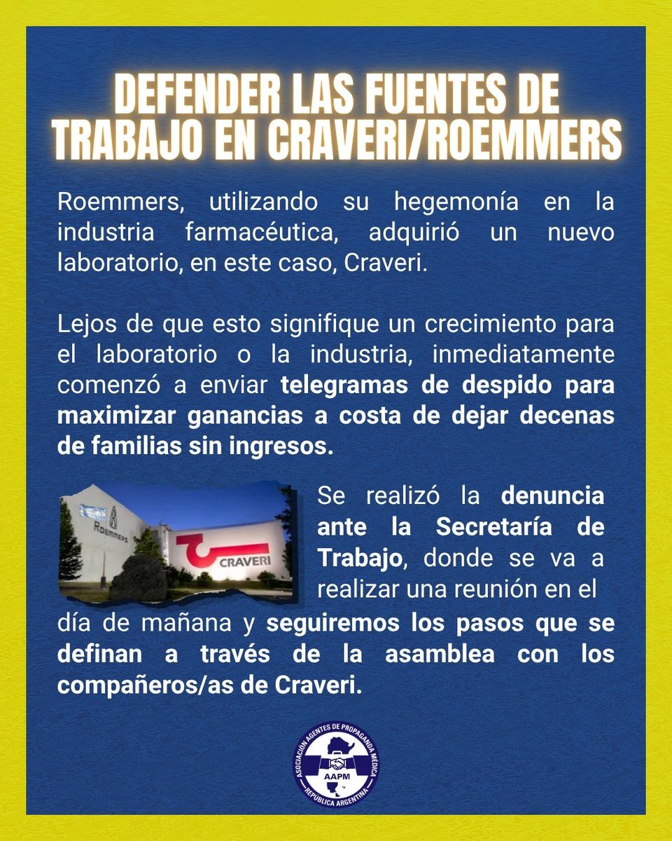 AAPMRA's tweet photo. Defender las fuentes de trabajo en @lab_craveri/ Roemmers
Laboratorio Roemmers compró Craveri y pretende dejar a decenar de familias sin ingresos. https://t.co/Kz2fIakxmp