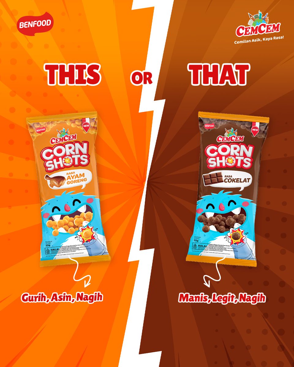CemCemSnack's tweet photo. Intinya sih 2-2nya sama-sama nagihin🤭. Kalau disuruh pilih, kalian pilih yang mana nih?

#CEMCEM #CemcemProduct #ThisorThat #Snack https://t.co/1iBkrHzbEm