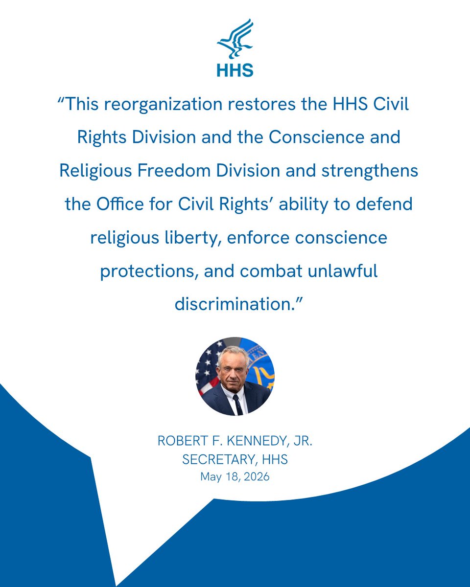 HHSOCR's tweet photo. Thanks @SecKennedy for your commitment restore and protect conscience and religious liberty.
#HHS #MAHA #ConscienceRights #CivilRights #ReligiousFreedom https://t.co/E5jJXaLVQ3