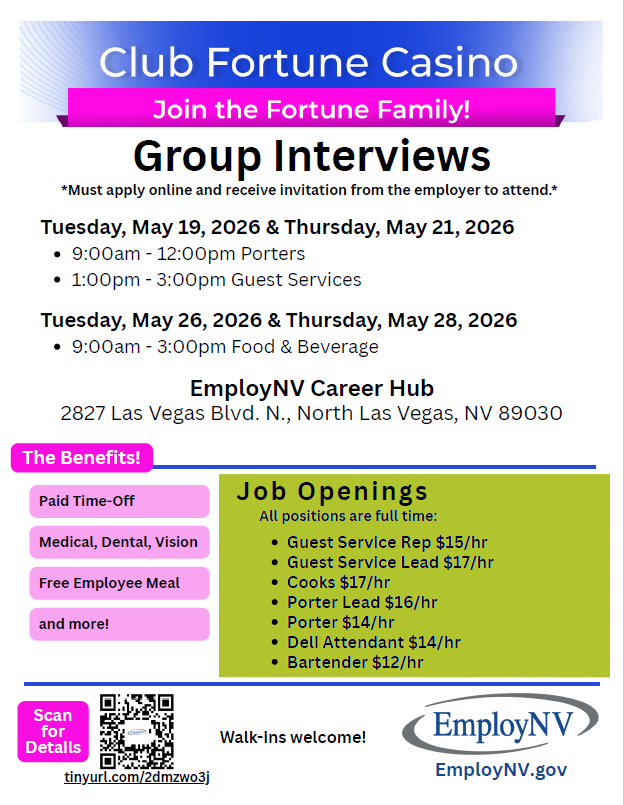 VRNevada's tweet photo. Club Fortune Casino is opening in North Las Vegas!

Group Interview events for full-time Porters, Guest Services, Food &amp; Beverage positions paying $13-$17/hr + benefits . 
*Complete online application before the event, find info at 🔗 https://t.co/tWVjFv91dt https://t.co/aQnWeonaBV