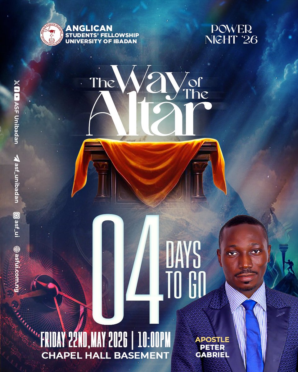 AsfUnibadan's tweet photo. 4 days to go! 🔥🔥🔥
Yes, four days to go to Power Night '26! I don't want to hear you say you're not ready.
Be ready to be blessed,
be ready to be transformed,
be ready to be visited,
and be ready to see God!

​Prepare your heart! Prepare your mind! 🔥🔥 https://t.co/jE8SRy8afR