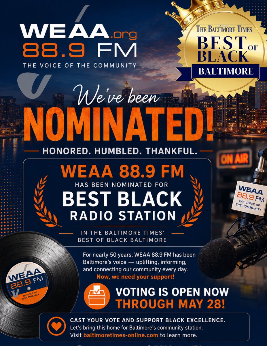 WEAA889's tweet photo. We’ve been nominated! 🎉

WEAA 88.9 FM is up for Best Black Radio Station in Best of Black Baltimore!

For nearly 50 years, we’ve been the voice of our community—now we need your vote 🧡

🗳️ Vote by May 28
🌐 https://t.co/89qyCNPHSR
#WEAA889 #VoteWEAA #Baltimore https://t.co/gH1FURp69D