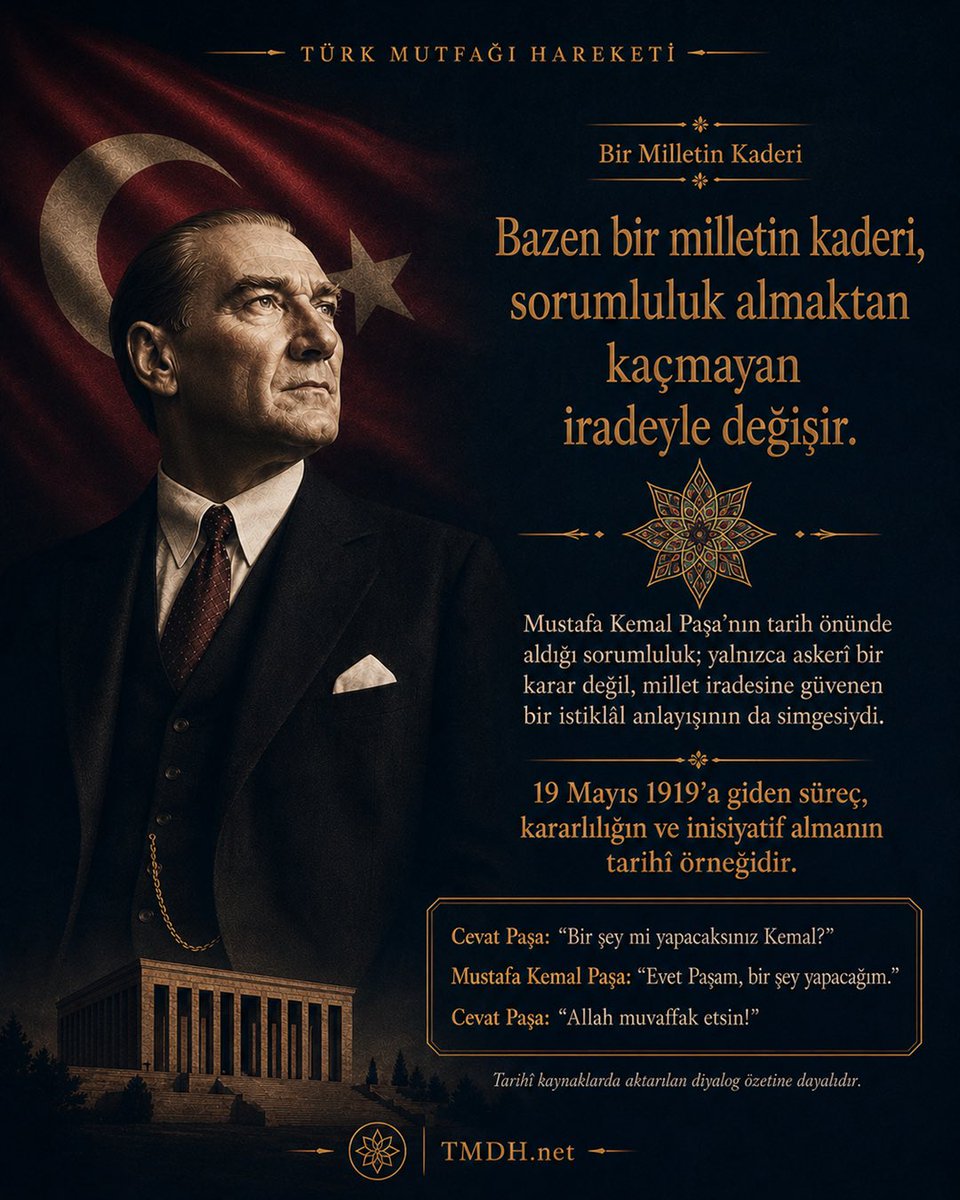 Turk_Culinary's tweet photo. 19 Mayıs Atatürk’ü Anma, Gençlik ve Spor Bayramımız kutlu olsun.

19 Mayıs 1919, Türk milletinin bağımsızlık iradesinin tarih sahnesinde yeniden yükseldiği; sorumluluk, kararlılık ve inisiyatif alma bilincinin Millî Mücadele’ye dönüştüğü müstesna bir gündür.

#19mayıs https://t.co/27x5R2nMw3