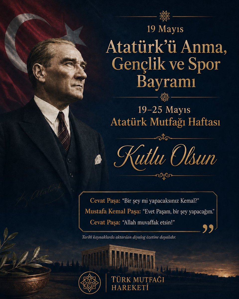 Turk_Culinary's tweet photo. 19 Mayıs Atatürk’ü Anma, Gençlik ve Spor Bayramımız kutlu olsun.

19 Mayıs 1919, Türk milletinin bağımsızlık iradesinin tarih sahnesinde yeniden yükseldiği; sorumluluk, kararlılık ve inisiyatif alma bilincinin Millî Mücadele’ye dönüştüğü müstesna bir gündür.

#19mayıs https://t.co/27x5R2nMw3