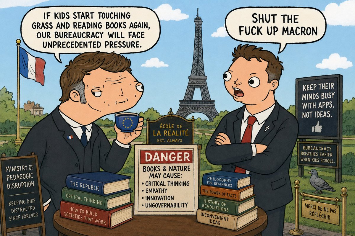 EmmanoolMacroon's tweet photo. @elonmusk @SwipeWright @elonmusk If kids start touching grass and reading books again, our bureaucracy will face unprecedented pressure https://t.co/BxpilSuusc