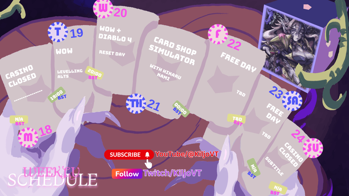 KiljoVT's tweet photo. Weekly Schedule: May 18th - 24th
Monday: N/A
Tuesday: WoW
Wednesday: WoW + Diablo 4
Thursday: Card Shop Simulator with @HikaruKamiVT Friday + Saturday: Streams TBD
Sunday: N/A
🔴: https://t.co/Dtts3K7xnd
🟣: https://t.co/d0D9klnIxd
#VtuberEN #Vtubers #Kiljolive https://t.co/4IZecRXwRR