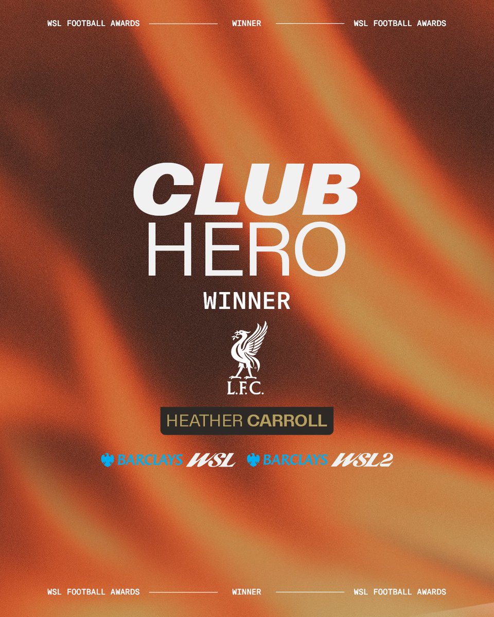 BarclaysWSL's tweet photo. DEDICATION AND PASSION.

Heather Carroll is the 2025-26 Club Hero winner ❤️

#WSLFootballAwards https://t.co/aPABzhjUPp