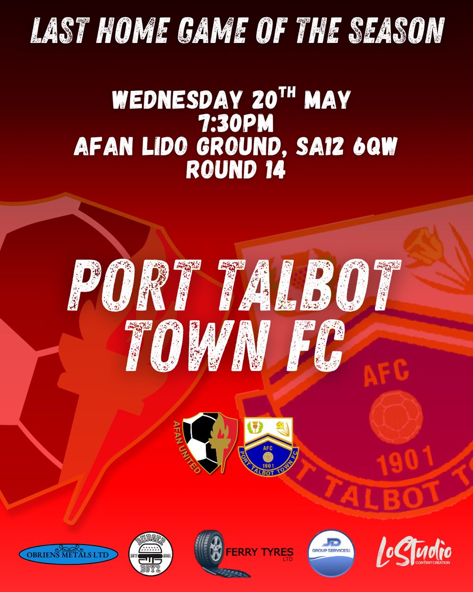 AfanUnited_FC's tweet photo. 𝙽𝚎𝚡𝚝 𝙼𝚊𝚝𝚌𝚑 ➡️

On Wednesday we welcome @PortTalbotTown to the Afan Lido Ground for a 7:30PM kick off for our last home game of the season.

We’re expecting a great crowd, so come down and get behind the boys for one last time at the Lido🔥 https://t.co/8uHhz5Wvmr