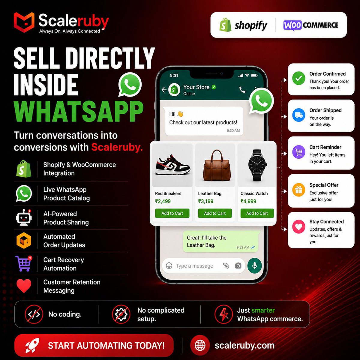 ScaleRuby's tweet photo. Sell directly inside WhatsApp with Scaleruby! 
Turn conversations into sales with Shopify &amp; WooCommerce integration, live catalog, AI sharing, cart recovery &amp; automated updates.  
Start now → https://t.co/btCBNU3toe
#WhatsAppCommerce #WhatsAppBusiness #Shopify #Ecommerce https://t.co/52EZ2iisMG