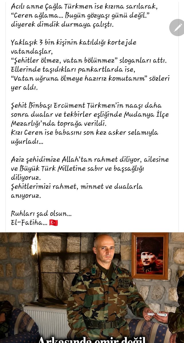 uysallardanemel's tweet photo. Cumartesi akşamı uzun yıllar sonra ziyaret ettik Ercüment abinin kabrini.
Çağlam "Ercü, bak kimler geldi seni görmeye" dedi.
 Mudanya'dan İmralı'ya doğru akşam çökmek üzereydi. 
Bu kez Tunahan üsteğmen de vardı kabristanda. Düşündüm şöyle bir, Tunahan üsteğmen şehit olduğunda başka bir yerde görevliydim. Yıl 2022 sonu olmalı. "Beni Ercüment binbaşımın yanına defnedin" diye vasiyet bırakmış meğer. 
Ercüment abiyi ise 2008 Nisanında emanet etmiştik o kabristana.
Hep anlatırım ya, 2007 Aralık- 2008 Nisan arası ÖK lojmanlarının ikinci kıyameti gibiydi.
İlk kıyamet ne derseniz, 16 Mayıs 2001'dir. 

2007 Aralıkta kapı komşum Sinan ile başladık. Dönmesine, yani görevinin bitmesine 1 hafta vardı.
2008 Şubatta yan apartmanın eski sakini Zafer'i verdik Güneş Harekatında. Kara pilot Tekin ve Gürcan da yanındaydı.

O soğuk şubat günü Kocatepede Çağla, Nigar, Didem ben törenin başlamasını beklerken "ne kadar çok geliyoruz bu camiye" demiştik. Şaka gibiydi ama "bakalım bir sonrakinde hangimiz oturacağız o koltuklara" diye soruyorduk artık. Öyle bir dönemdi. 

Dönem öyleydi de; dönemin özeti ilginçti. 2002'de bitmiş erimiş bir terör örgütü açılım maçılım diye diye kan nakliyle kendine gelmişti. Aynı şeyleri tekrar yaşamaya başlamıştık. 

Martta bizim apartmandan Hasan karıştı yıldızlara.
Çağlayla hafta sonu konuştuk yine o günleri.
Martın son günüydü Hasan şehit olduğunda. "Yatak odalarımız karşılıklıydı, bakıyordum pencereden bu kız bu acıyla nasıl yaşayacak diye. Bir kaç hafta sonra ben Ercü'yü toprağa verdim" diye anlattı Çağla. 

Oysa hatırlamadığı bir şey daha vardı.
O gün Hasan'ın evinde mutfakta sandalyede oturuyordu. Bir yandan da geleni gideni ağırlıyorduk. İki eliyle dizlerine vurmaya başlamıştı Çağlam. "Allahım yeter, bu son olsun artık, yeter" demişti, gidip sarılmıştım boynuna. 
O yıl gerçekten de son şehidimiz yan apartmandan Ercüment abi olmuştu, Çağla'nın kocası.  
Az önce paylaştığım fotoğraflardaki can arkadaşım.  

Yaşadığımız hayat pek çoğuna kolay geliyor. Orduevlerinde bedava yaşadığımızı, lojmanlarda fatura ödemeden oturduğumuzu iddia edenler çok oldu benim hayatımda. 
Ülkenin terörle mücadelesi 3 kuruşluk faturamara indirgenmişti. Oysa 2 dakika eşimizin sesini duyabilmek için dakikası 10 dolarlık telefonlara muhtaç kaldığımız da olmuştu. 
Biz ise susmayı tercih etmiştik, en yakınlarımıza bile. 
Tıpkı şairin dediği gibi
Bir bakış bile yeterken anlatmaya her şeyi
Kalbimizi dolduran duygular kalbimizde kalmıştı.
Çünkü anlamıyorlardı.
Ne ailelerimiz, ne halkımız ne de basın.
Hatta basın demişken;
Aynı dönemde gasteci tanımlı biri "prelli takvimleriyle hasbihal etmemizden falan" bahsediyordu.

Tüm bunların üstüne hafta sonu Bursa'da hepimizin Yıldız hemşire olarak tanıdığı Yıldız hanımla tanıştım. Terörün kocasını gözünün önünde şehit ettiği, bebek katili abdullah öcalan yargılanırken Trt ekranlarından izlediğimiz Yıldız hemşire. Bir kez de kendisinden dinlemek istedim o gün yaşadıklarını.
Epey dinledim ve yine aynı şeyi düşündüm.
Bebek katili, asker, polis, doktor, mühendis, öğretmen katili emperyalizmin maşası olan pkk terör örgütü adi şerefsiz bir örgüttür. Onun ele başı da katildir. Hem sevdiklerimizin, hem gençliğimizin, hem evliliklerimizin katilidir.

2 gündür bunlar geliyor geçiyor yine aklımdan. Zor zamanlardı, kaynar cehennem kazanlarından çıktık, su verdiler üstümüze, çelik olduk. 
Yıkılır mıyız sandınız? 

https://t.co/50KT5AzKxt
