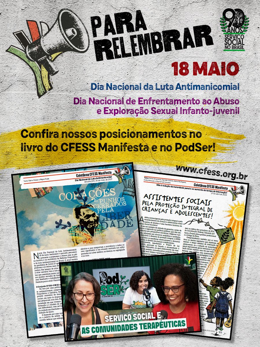 CfessOficial's tweet photo. 🌻🌿 Este 18 de maio que marca o Dia Nacional da Luta Antimanicomial e o Dia Nacional de Enfrentamento ao Abuso e Exploração Sexual Infanto-Juvenil! 

📲Saiba mais: https://t.co/hIMCN27UmP

🎥🎙️Assista ao videocast sobre o tema: https://t.co/szBEcioWUh https://t.co/hsTW8M2F06