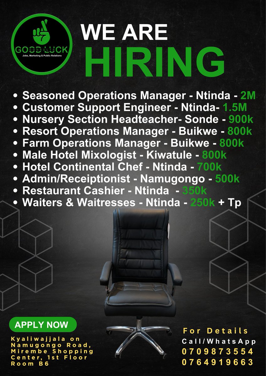 GoodLuckConsult's tweet photo. We currently have these and more Job Opportunities for you at #GoodLuckConsults🤞🏾 

Contact us Today to Secure your Dream Job in Uganda!👌🏾
 #Fyp #JobsInUganda https://t.co/scM6BV0z66