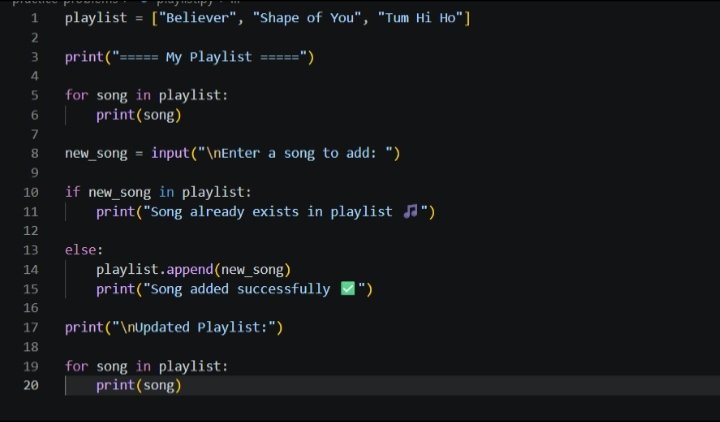 iamAshokbj's tweet photo. Day 50 of my coding journey 🚀

Built a simple Playlist Management System 🎵
Practiced loops, lists, user input &amp; duplicate checking in Python.

#100DaysOfCode #Python https://t.co/szU3Xy9r6T