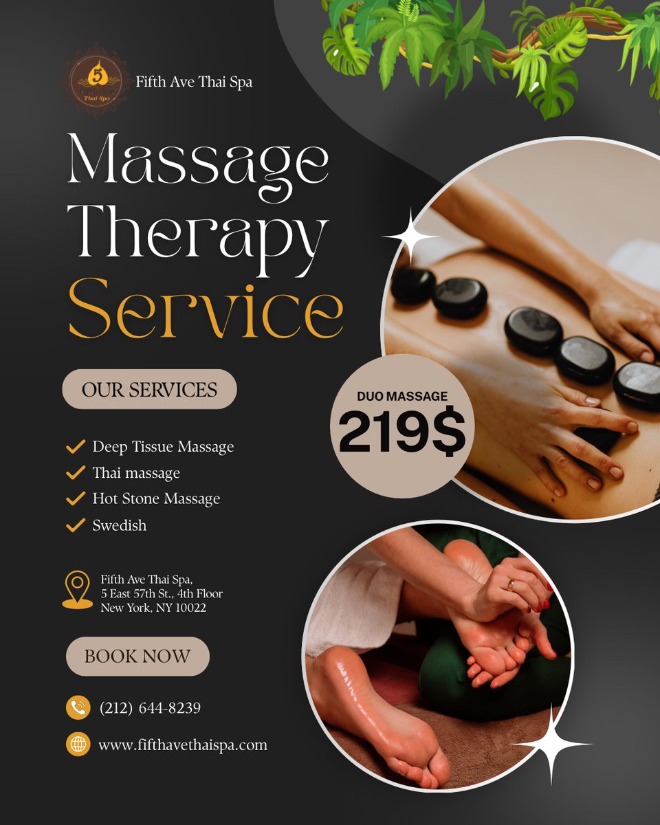 FThaispa's tweet photo. Looking for the perfect self-care day? Enjoy expert spa and massage treatments right in the heart of Manhattan. From soothing couples' sessions to revitalizing body scrubs, we have the perfect package for you. https://t.co/rBrE53Edh3