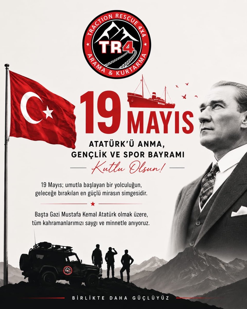 tr4dernegi's tweet photo. 19 Mayıs 1919 bağımsızlık ve millet iradesinin simgesi olan tarihî bir dönüm noktasıdır.  

Başta Gazi Mustafa Kemal Atatürk olmak üzere, tüm kahramanlarımızı saygı ve minnetle anıyor, 19 Mayıs Atatürk’ü Anma, Gençlik ve Spor Bayramı’nı kutluyoruz.

TR4 Arama Kurtarma Derneği https://t.co/U5rYb9LZJe