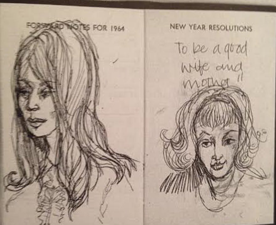 cynthialennons's tweet photo. cynthia lennon’s self portraits for her new years resolution; “To be a good wife and mother !!”  (1963) https://t.co/00LcwWon2l