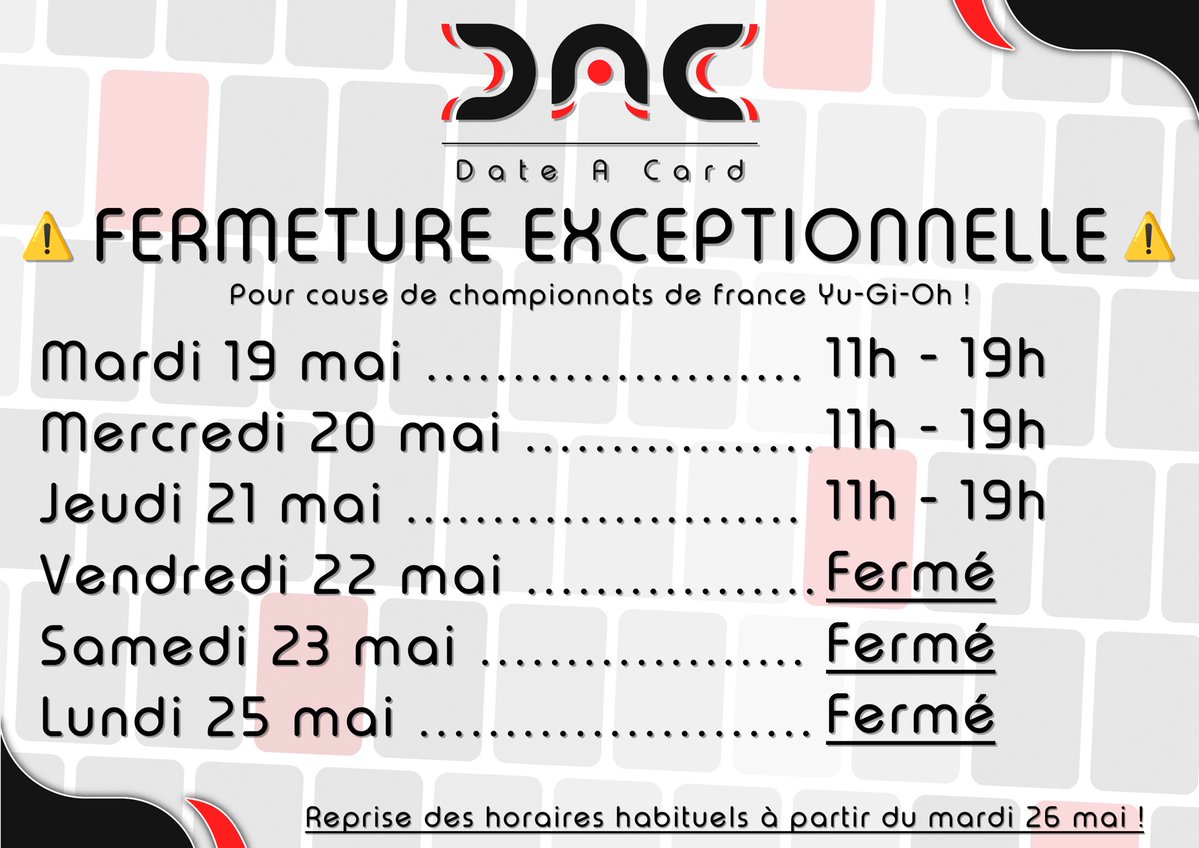 DateACard's tweet photo. ⚠️ Attention, la DateACard sera fermée Vendredi et Samedi ⚠️

Nous reprenons les horaires habituels après les championnats de France Yu-Gi-Oh ! 

Merci pour votre compréhension https://t.co/vm5k7Xb75D