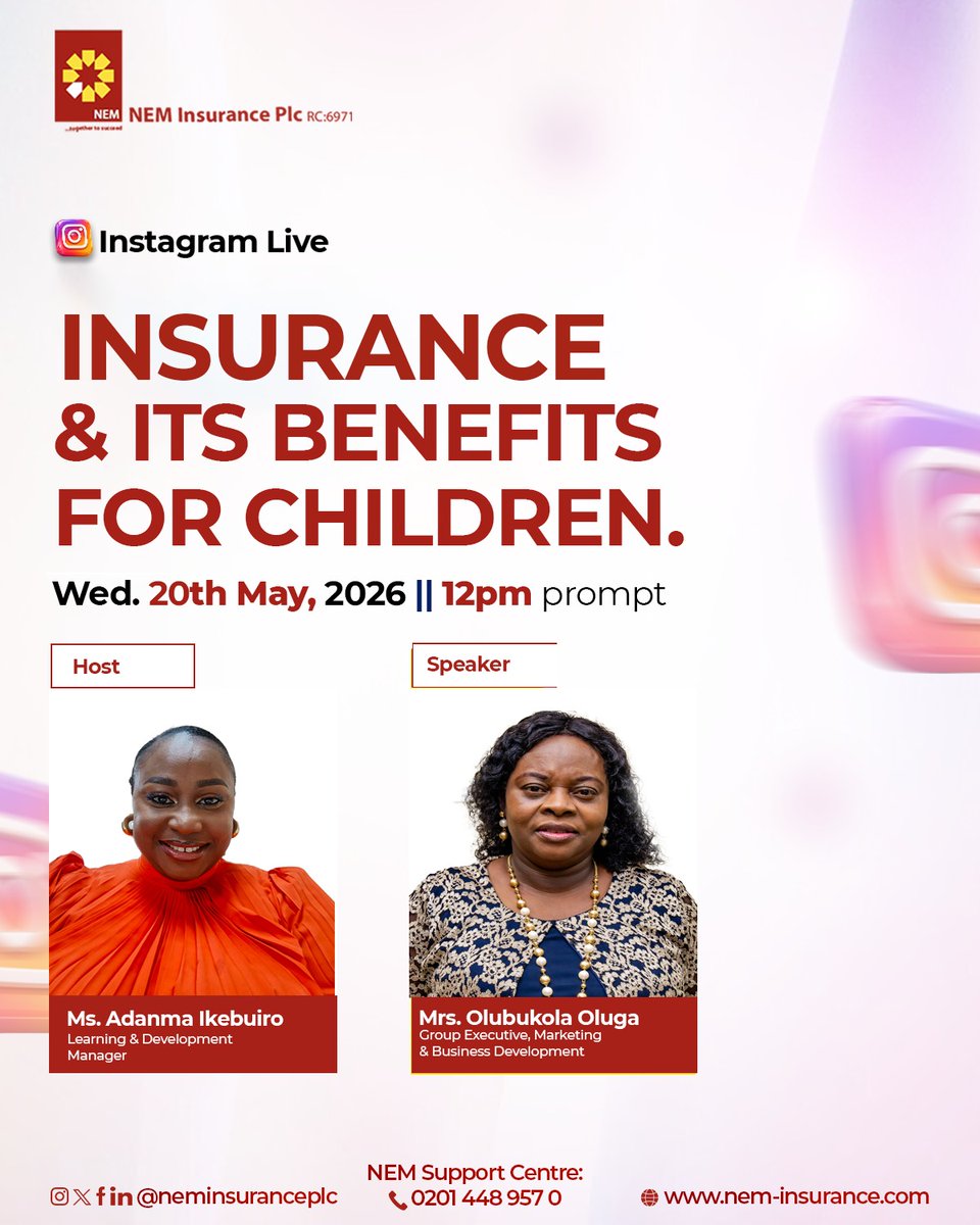 neminsuranceplc's tweet photo. Date Change Notice!
Please be informed that our Instagram Live session earlier scheduled for 19th May has been moved to 20th May.
New Date: 20th May
New Time: 12noon
We look forward to having you join us live. Donโt miss it! ๐ดโจ
#NEMInsurance https://t.co/tOa3lCndZT