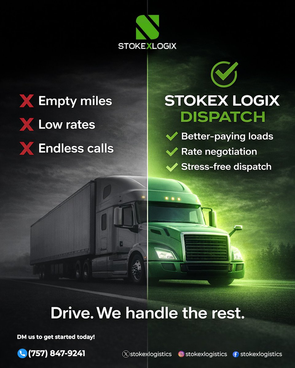 stokexlogix's tweet photo. 📷📷 At Stokex Logix, we don’t just dispatch loads, we drive your success.
#StokexLogix #TruckDispatch #LogisticsSolution #FreightLife #OwnerOperators #USADispatch https://t.co/Jm5Ehyekbp