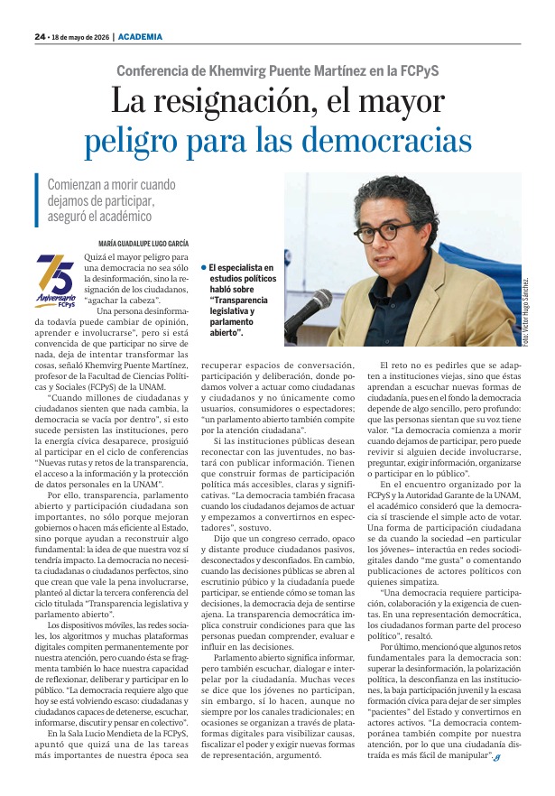 AGAUNAM's tweet photo. 📰Hoy aparecemos en @Gaceta_UNAM con respecto a la conferencia de la semana pasada de @khemvirg 

📖Lee: "La resignación, el mayor peligro para las democracias"

🔗https://t.co/fCRImpp2pq

@CEP_UNAM 
@UNAM_FCPyS 
@PosgradPolitica 
#transparencia #parlamento #democracia #abierto https://t.co/WwRr9Xrb7J
