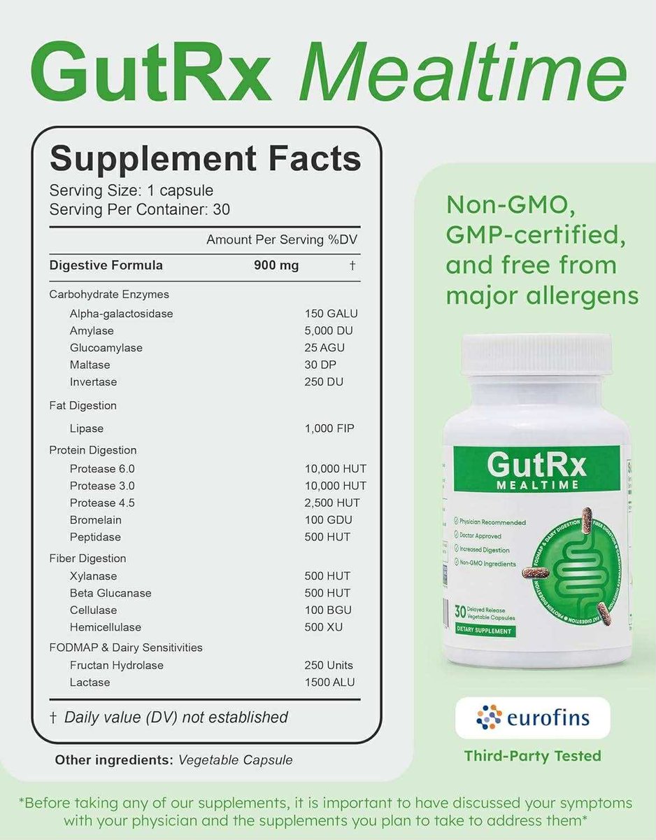 GutRxLabs's tweet photo. 🍽️ Say goodbye to post-meal bloat and hello to happy digestion!
This FODMAP-Free Monday highlights GutRx Mealtime, a full-spectrum digestive enzyme powerhouse for every meal!
Take 1-3 capsules before eating and let science do the work:

Alpha-galactosidase → Tackles gas from beans, grains & veggies
Lipase → Smooth fat digestion
Protease Complex + Bromelain → Better protein breakdown
Lactase + Fructan Hydrolase → Handles dairy & common FODMAPs
Amylase, Glucoamylase, Cellulase, Xylanase & more → Fiber & carb support for optimal nutrient absorption

Whether you’re sensitive to FODMAPs or just want to feel lighter after meals, Mealtime helps you enjoy food again — without the discomfort.
Perfect for busy adults, fitness lovers, and anyone tired of digestive drama.
Like the rest of our collection, we stand by digestion so good, we guarantee results! Discover gut health that actually works, risk-free. 💪
#GutRx #Mealtime #DigestiveEnzymes #BloatRelief #FODMAPFriendly #GutHealth