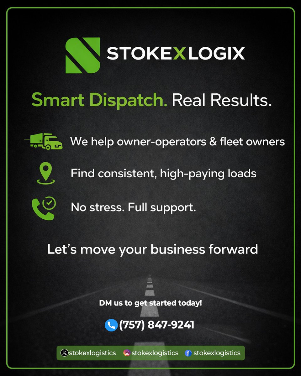 stokexlogix's tweet photo. Smart Dispatch. Real Results.

At Stokex Logix, we move more than trucks
we move your business forward with reliable dispatch, better loads, and maximum profit. 📷📷

#StokexLogix #SmartDispatch #RealResults #TruckDispatch #OwnerOperator #LogisticsSolutions #FreightLife https://t.co/29H5vIQXSZ