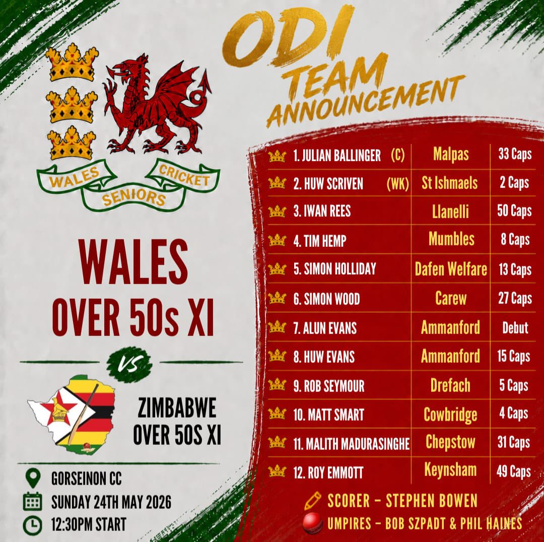 Wales_over_50s's tweet photo. Here’s our team to face Zimbabwe this coming Sunday at Gorseinon. Making his debut is Ex Glamorgan batsman Alun Evans of @AmmanfordCC https://t.co/hz4vzJmNc6